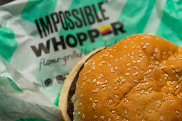 The vegan Impossible Whopper from Burger King, with the Impossible Foods veggie burger patty. Ordering it without mayo makes it vegan. photo by Tony Webster